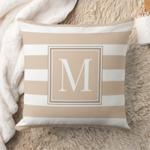Neutral Tan and White Stripes With Brown Monogram Cushion