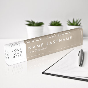Neutral Tan Beige Grey White Custom Logo Trendy Nameplate