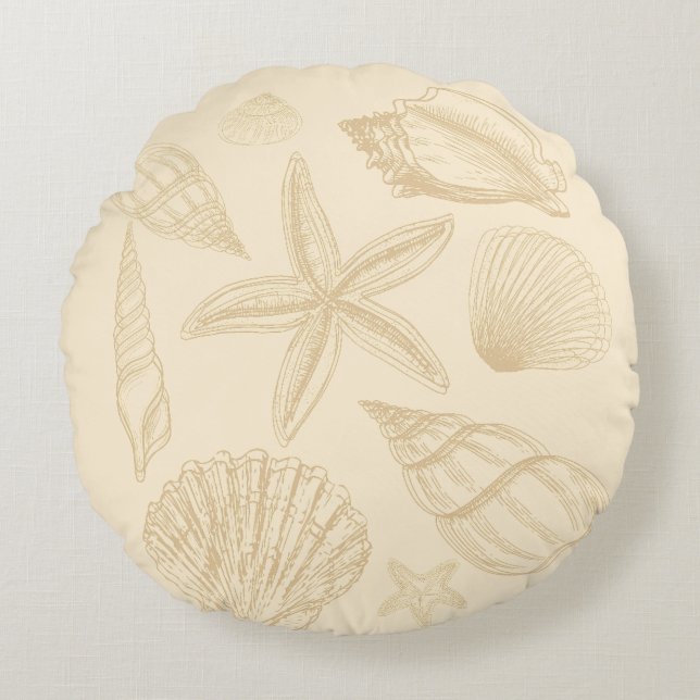 Neutral Tan Beige Seashell Shells Beach House Round Cushion (Front)