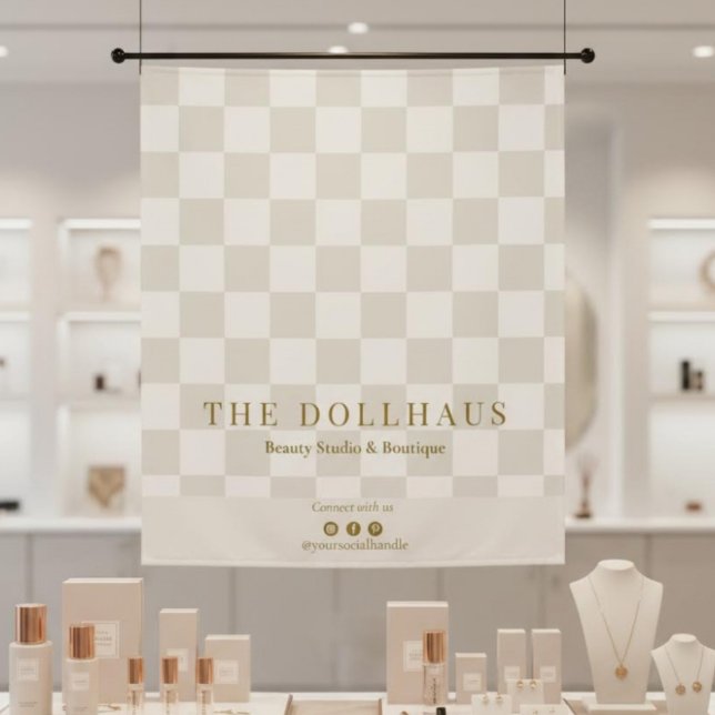 Neutral Tan Chequered Business Name Table Runner Tapestry (Creator Uploaded)