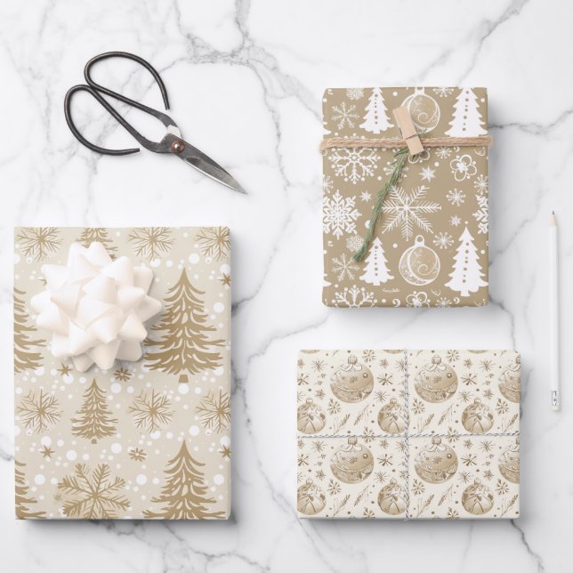 Neutral Tan Festive Christmas Images Wrapping Paper Sheet (Front)