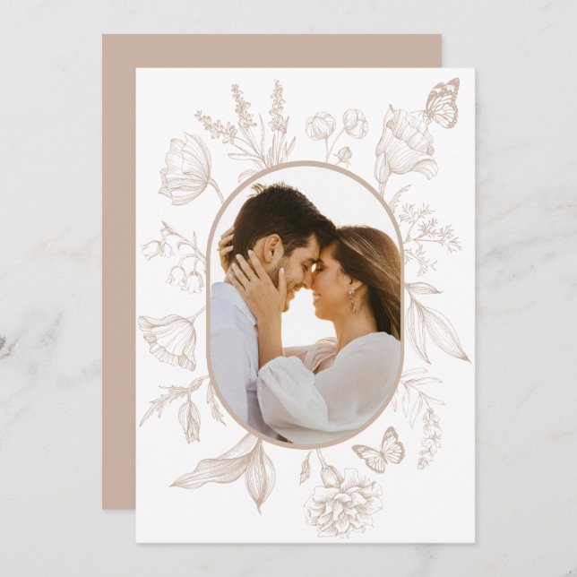 Neutral Tan Floral Line Art Floral Butterfly Photo Thank You Card (Front/Back)