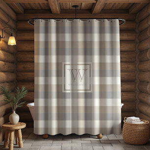 Neutral Tan Grey Ivory Rustic Plaid Monogram Shower Curtain