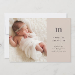 Neutral Tan Monogram New Baby Photo Birth Announcement
