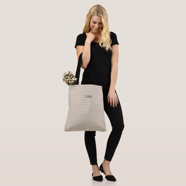 Neutral Tan Stripe Classic Monogram Initials Tote Bag (On Model)