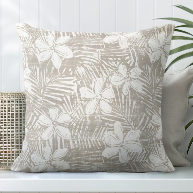 Neutral Tan Tropical Flowers Throw Pillow (Creator Uploaded)