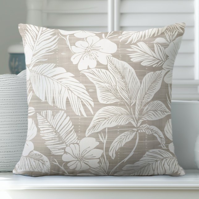 Neutral Tan & White Coastal Floral Throw Pillow (Creator Uploaded)