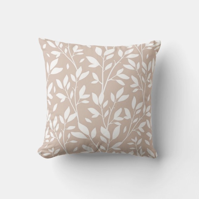 Neutral Tan White Leaf Farmhouse Country Pattern Cushion (Front)