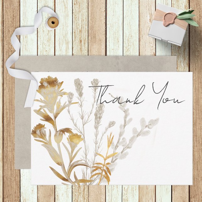Neutral Tan Wildflowers Modern Wedding Thank You Card (Creator Uploaded)