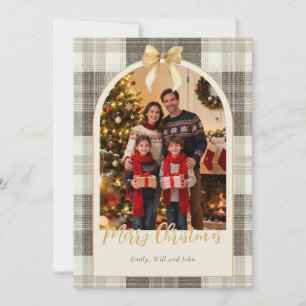 Neutral Tartan Bow Christmas One Photo Holiday Card