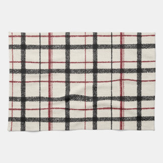 Neutral tartan white black and red tea towel