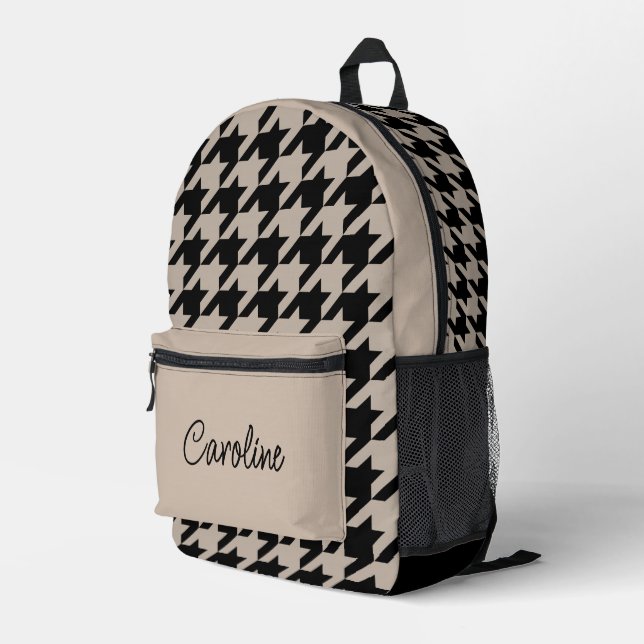 Neutral Taupe Beige Black Houndstooth Pattern Printed Backpack (Back Corner Right)