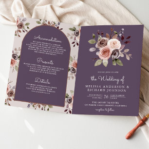 Neutral Taupe Floral QR Code Dusty Purple Wedding Invitation