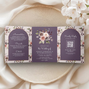 Neutral Taupe Floral QR Code Dusty Purple Wedding Tri-Fold Invitation