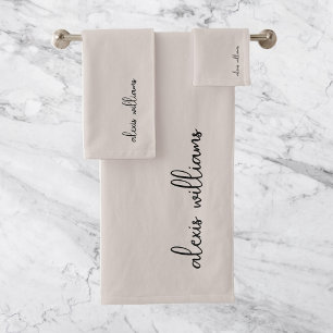 Neutral Taupe Minimalist Script Signature Monogram Bath Towel Set