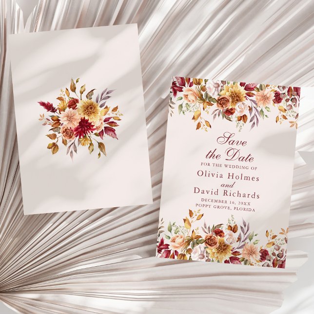 Neutral Taupe Wedding Floral Modern Save The Date (Modern Burnt Orange Terracotta Wildflowers Wedding Save The Date on a sunny dry palm leaf.)