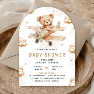 Neutral Teddy Bear Aeroplane Arch Baby Shower Invitation
