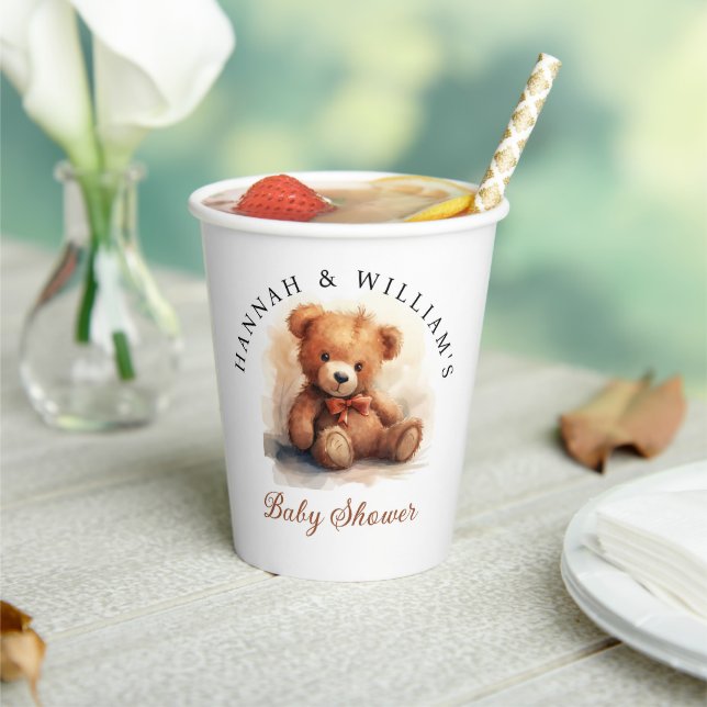 Neutral Teddy Bear Baby Shower Paper Cups (Insitu)