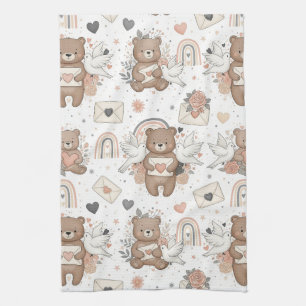 Neutral Teddy Bear Baby Shower Pattern Tea Towel