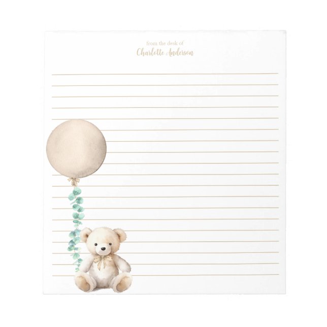 Neutral Teddy Bear Balloon Personalised Notepad (Front)