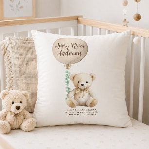 Neutral Teddy Bear Birth Stats Baby Pillow