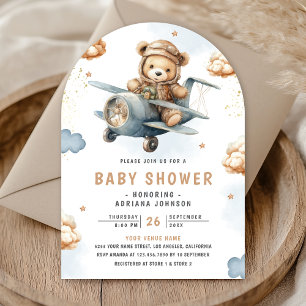 Neutral Teddy Bear Blue Aeroplane Arch Baby Shower Invitation