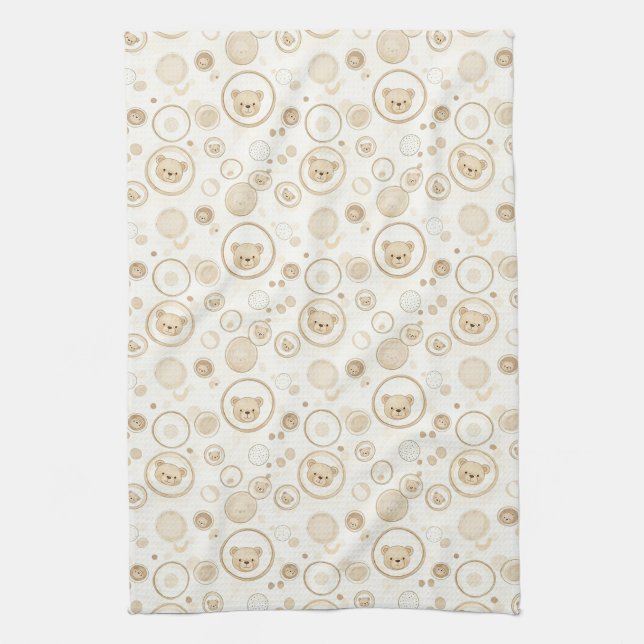 Neutral Teddy Bear Circle Pattern Beige Baby (1) Tea Towel (Vertical)