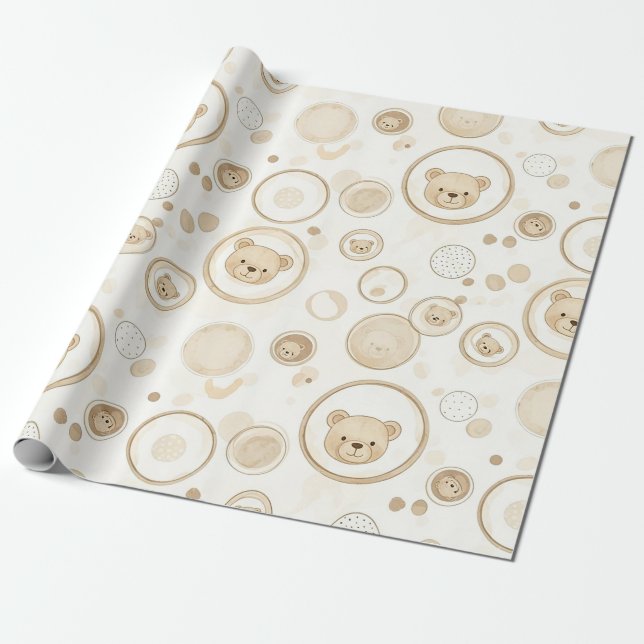 Neutral Teddy Bear Circle Pattern Beige Baby (1) Wrapping Paper (Unrolled)