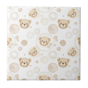 Neutral Teddy Bear Circle Pattern Beige Baby (2) Ceramic Tile