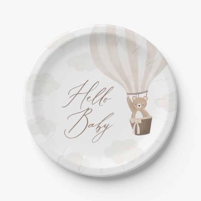 Neutral Teddy Bear Hot Air Balloon Baby Shower Paper Plate (Front)