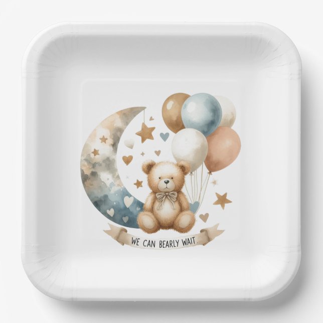 Neutral Teddy Gender Reveal Paper Plate (Front)