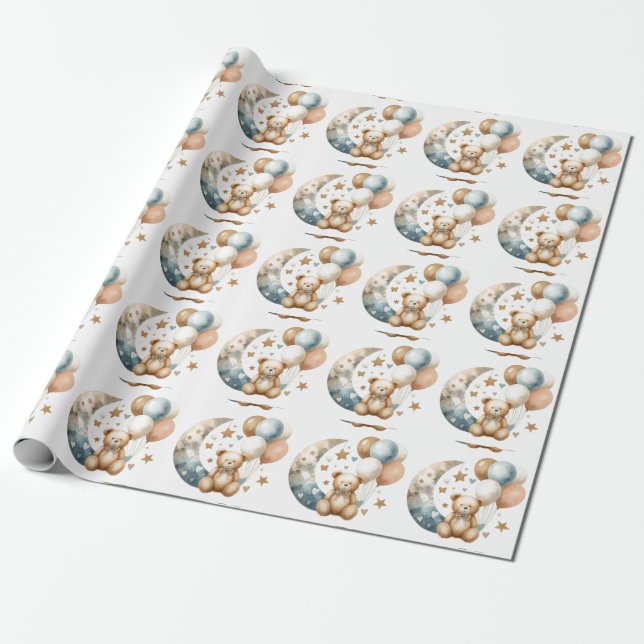 Neutral Teddy Gender Reveal Wrapping Paper (Unrolled)