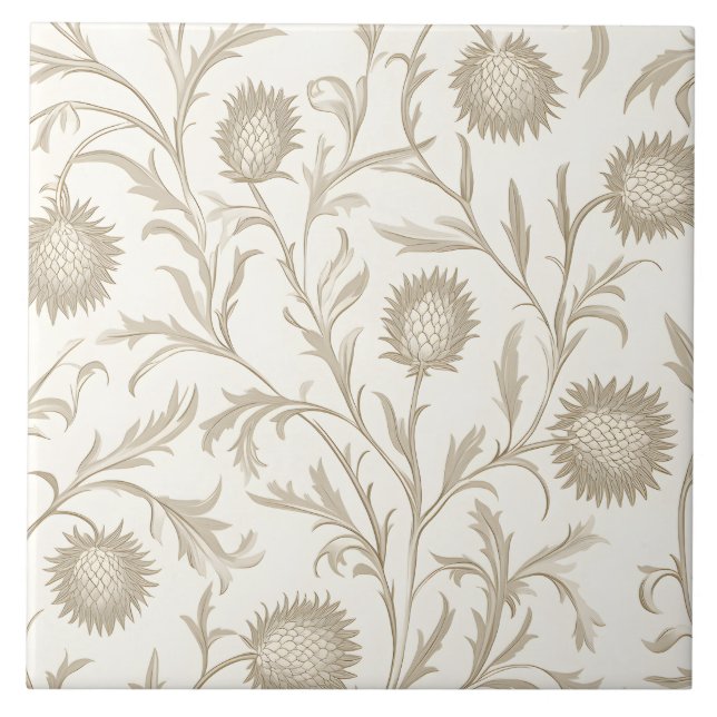 Neutral Thistle Floral Flower Pattern Ceramic Tile (Front)