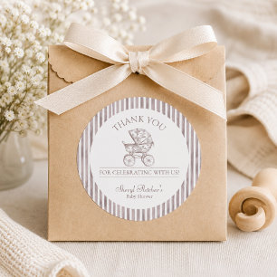 Neutral Toile de Jouy Baby Shower Thank You Classic Round Sticker