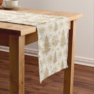 Neutral Tone Gold Christmas Tree Snowflake Pattern Short Table Runner