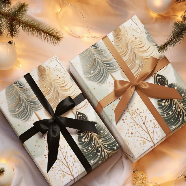 Neutral Tones Captivating Christmas Magic  Wrapping Paper Sheet (Ivory and hunter green whimsical tree pattern in neutral tones for the holiday seasons)