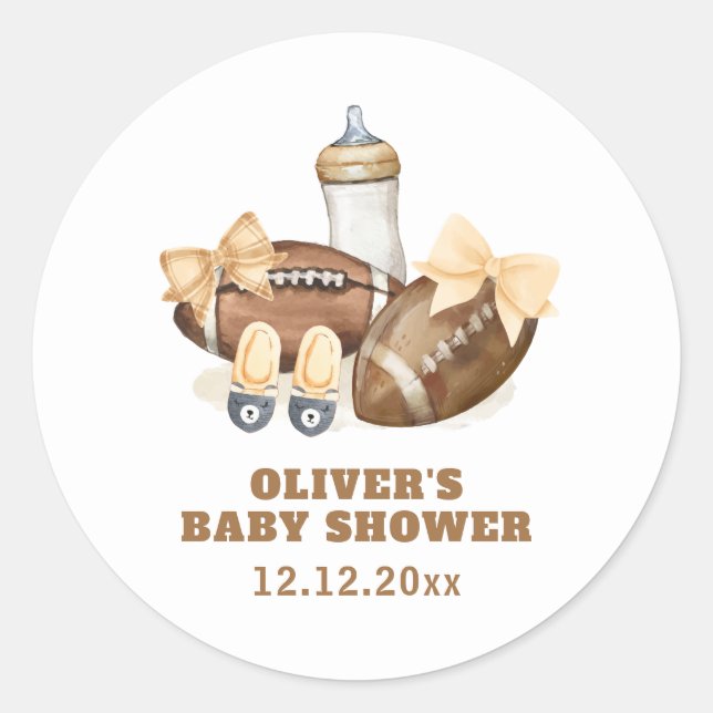 Neutral Touchdown Football Boy Baby Shower Classic Round Sticker (Front)