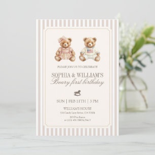 Neutral Twin Beary First Birthday Teddy Bear Invitation