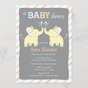 Neutral Twin Elephants     Baby Shower Invitation