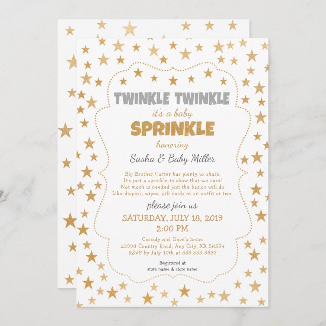 Neutral Twinkle Baby Sprinkle gold star invitation (Front/Back)