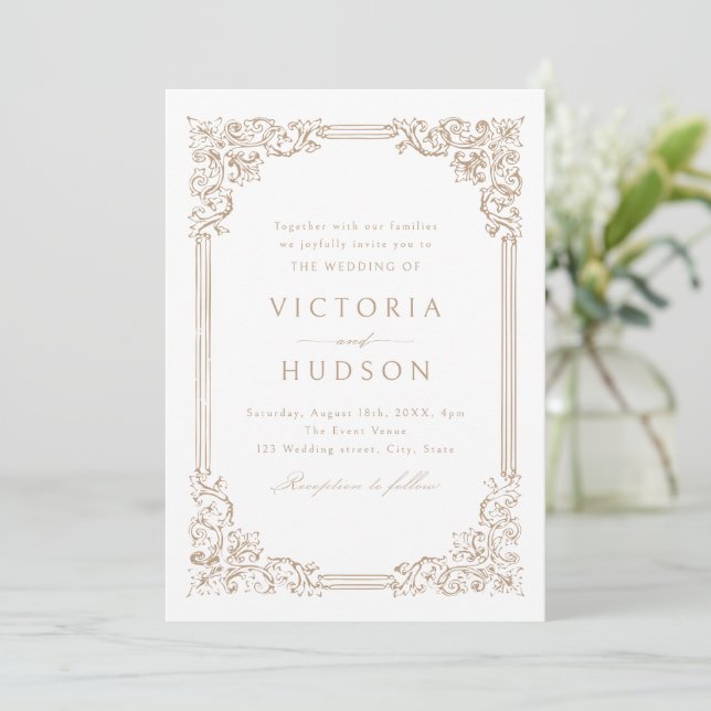 Neutral Vintage Frame Elegant Wedding  Invitation (Standing Front)