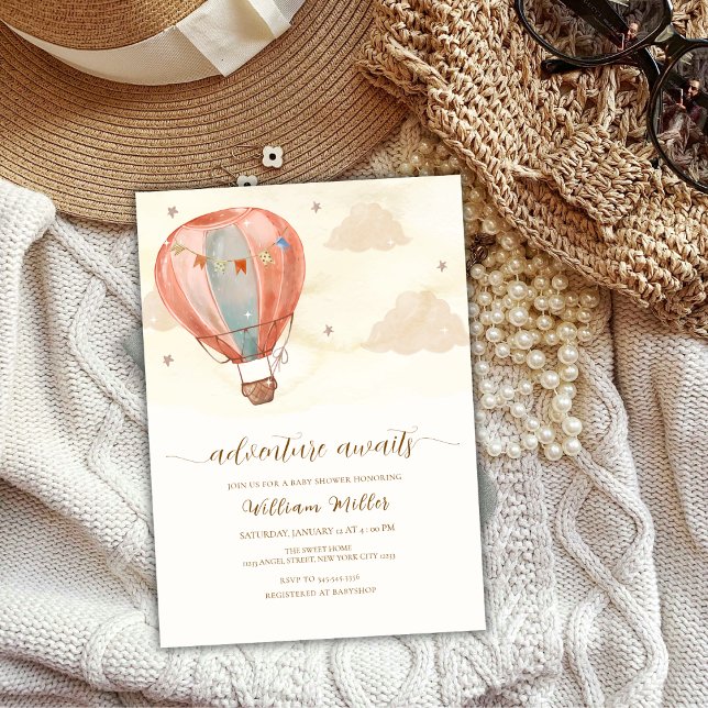 Neutral Vintage Hot Air Balloon Baby Shower  Invitation (Neutral Vintage Hot Air Balloon Baby Shower Invitation)