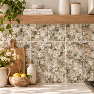 Neutral Vintage White Wildflower Floral Ceramic Tile