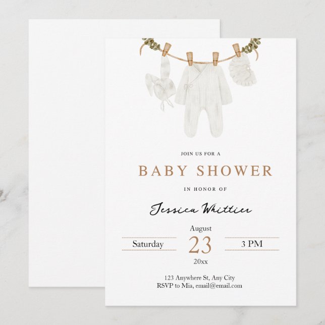 Neutral Watercolor Baby Clothes Baby Shower Invitation (Front/Back)