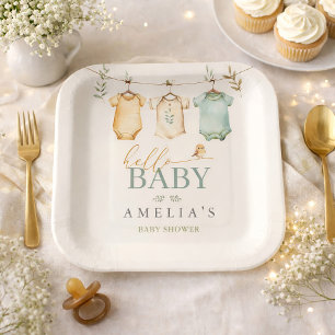 Neutral Watercolor Baby Clothesline Baby Shower Paper Plate