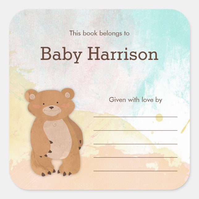 Neutral Watercolor Bear Baby Shower Bookplates Square Sticker (Front)