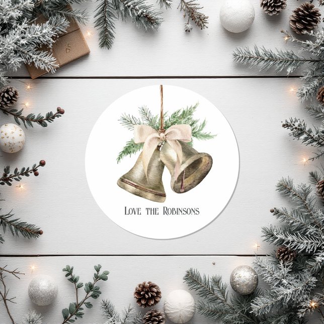 Neutral Watercolor Christmas Bells Holiday Classic Round Sticker (Neutral Watercolor Christmas Bells Holiday Classic Round Sticker)