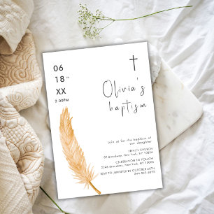 Neutral Watercolor Feather Cross Baptism Invitation