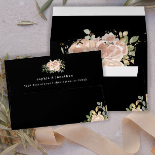 Neutral Watercolor Floral and Gold Black Wedding Envelope