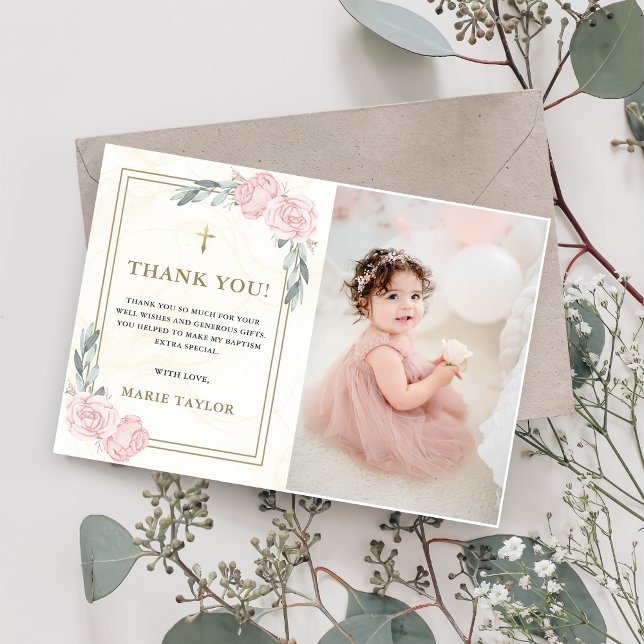 Neutral Watercolor Floral Baptism Thank You Card (Creator Uploaded)